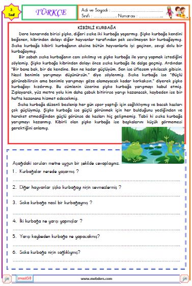 3. Sınıf Türkçe Okuma ve Anlama Metni Etkinliği ( Kibirli Kurbağa )